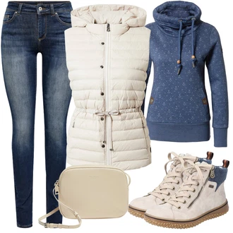 Trendový Outfit s Béžová/Krémová Teniska Kožené Tenisky/Plochá Kotníková Bota/Tenisky s Bočním Zipem/Zimní Tenisky Rieker "Podzimní Ležérní Outfit"Look: Blokování barev, Sportovní, Chytrý příležitostný, Trendový, Unisex, Ležérní