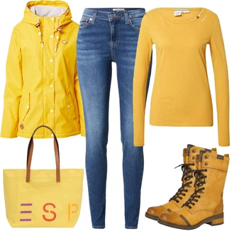 Outfit s Žlutá Šněrovací Bota/Zimní Bota/Šněrovací Kotníková Bota/Nízká Bota na podpatku Mustang "Podzimní Ležérní Outfit"