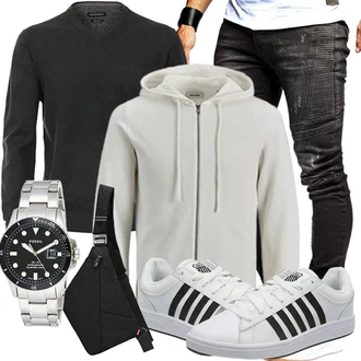 Outfit mit Grau/Weiß Baumwoll Strickjacke Jack & Jones "Lässiger Freizeit Look"