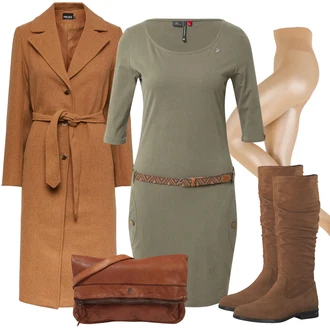 Outfit s Khaki/Tmavě zelená Ležérní Šaty/Šaty s 3/4 Rukávem/Úzké Šaty/Žerzejové Šaty/Šaty na safari/Šaty s Páskem Ragwear "Módní vzhled pro podzim"