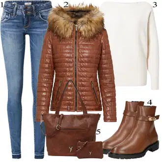 Krzno Outfit sa Narandžasta/Smeđa/Crvena Kožna Jakna/Donja Jakna/Zimska Jakna/Pernata Jakna/Izuzetna jakna Oakwood "Jesenski Outfit"