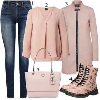 Outfit sa Pink/Bež/Plava Bluza I Tunika/Zvonaste Hlače/Dodatak VERO MODA "Jesenski outfiti"