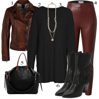 Outfit s Červená/Hnědá/Vínová/Tmavě červená Kožený legíny/Legíny Kožený Vzhled/Kalhoty z Umělé Kůže/Kožená Kalhoty Edited "Podzimní Outfit"