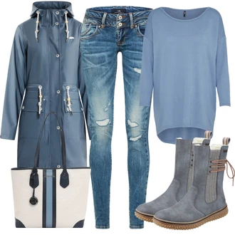 Outfit s Modrá/Tmavě modrá/Světle modrá Džíny s Dírou/Patchworkové Džíny/Kožená Pánská Bund LTB "Módní vzhled pro podzim"