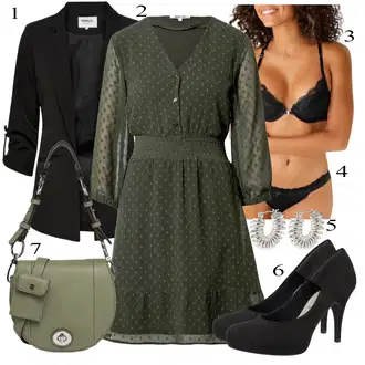 Outfit s Zelená/Tmavě zelená Ležérní Šaty/Šaty Niki/Zimní Šaty/Halenkové Šaty/Vintage šaty/Šaty s 3/4 Rukávem/Šaty s puntíky/Šaty na Podzim/Šaty S Kosticí/Francouzské šaty About You "Večerní Outfit"