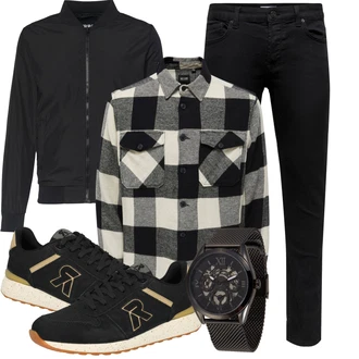 Outfit mit Dunkelblau/Lila Low Rise Jean/Low Waist Jean/Push up Jeans/Lederjacke/Slim Fit Jeans/Leder Schuhe/Thermojeans/Winterjacke/Jeggings/Skinny Hose/Slim Hose/Twill Hose Only & Sons "Modisches Freizeit Outfit"