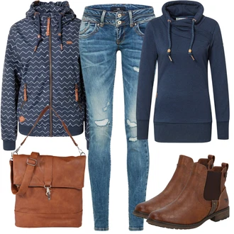 Outfit s Hnědá/Béžová Chelsea Boty/Kožená bunda/Plochá Kotníková Bota/Jezdecká Bota Mustang "Podzimní Outfit"