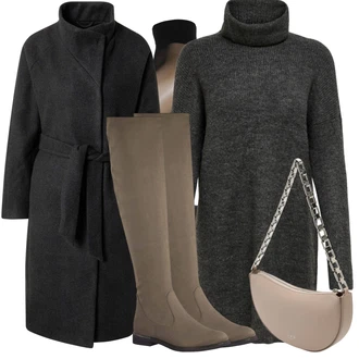 Outfit s Tmavě zelená/Khaki/Šedá/Hnědá/Béžová Kozačka nad Kolena/Plochá Kozačka nad koleno/Kozačka po Kolena/Dlouhá Kozačka/Jezdecká Bota Tamaris "Podzimní Outfit"