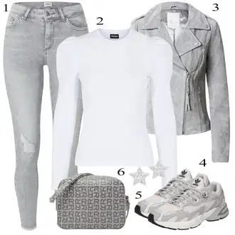 Úzký Outfit s Šedá Zvonová Kalhoty/Kožené Bund/Teniska Kožené Tenisky/Kožená Minisukně/Kožený legíny/Kožená Sukně/Podzimní bunda/Kožená Kalhoty goosecraft "Podzimní Outfit"