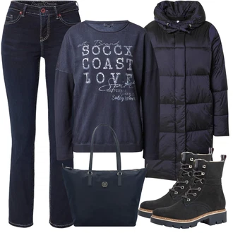 Outfit s Tmavě modrá/Modrá Zimní Kabát/Dlouhý Péřový Kabát/Parka/Přechodový Kabát/Péřový Kabát/Prošívaný kabát/Dlouhý Zimní Kabát SOCCX, Černá Móda Pro Plnoštíhlou/Dlouhá tylová sukně/Dlouhé Šaty/Dlouhý Zimní Kabát/Mikina SOCCX "Podzimní Outfit"