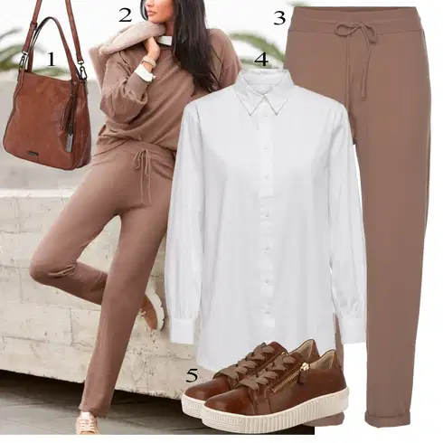 Kombinace Hnědá/Šedá/Béžová/Khaki/Fialová Mrkvová Kalhoty/Jogger Kalhoty/Mušelínové kalhoty/Boyfriend Kalhoty/Ležérní Kalhoty/Široká Kalhoty Baggy Kalhoty/Chinos/Navlékací Kalhoty/3/4 Kalhoty Lascana kombinovat s Hnědá Sveter Basic Svetr/Svetr Niki Lascana