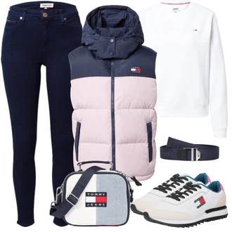 Dlouhé Outfit s Bílá/Krémová Fleecová Mikina/Kožená bunda/Sportovní mikina Tommy Jeans "Podzimní Outfit"