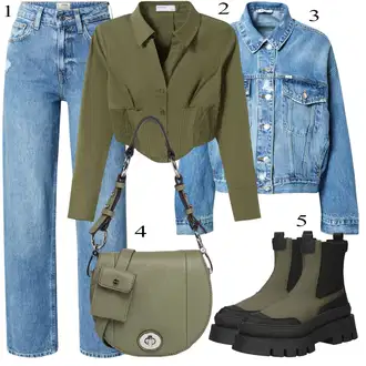 Zakopčaj dolje čipka Outfit sa Tamnozelena Majica/Bluza s gumbom/Bluza Dugih Rukava/Poslovna Bluza/Razigrana Bluza/Bodija Bluze/Izvanredna Bluza/Crash Bluza bershka "Jesenski Outfit"