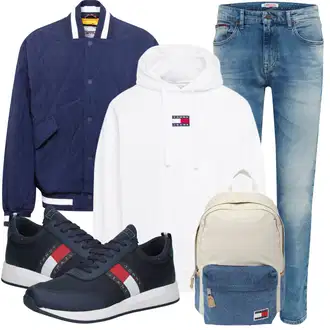 Outfit mit Blau/Hellblau Lederjacke/Slim Fit Jeans/Herren Lederjacke/Winterjacke/Biker Jeans/Leder Schuhe/Push up Jeans/Low Rise Jean/Knöchelstiefel/Jeans mit Schlitz/Schlupfjeans/Low Waist Jean Tommy Jeans "Outfits für jeden Tag"