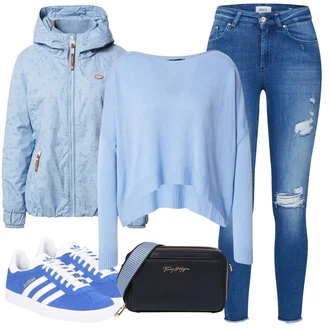 Šněrovací Outfit s Modrá Kožené bundy/Džíny s Dírou/Kotníková Bota/Džíny s Rozparkem/Kožená bunda/Push up Džín Only "Ležérní Outfits"