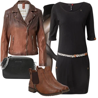 Outfit s Hnědá/Béžová Chelsea Boty/Kožená bunda/Plochá Kotníková Bota/Jezdecká Bota Mustang "Skvělé pro podzim"