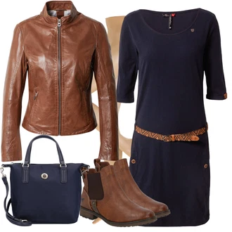 Outfit s Hnědá/Béžová Chelsea Boty/Kožená bunda/Plochá Kotníková Bota/Jezdecká Bota Mustang "Skvělé pro podzim"