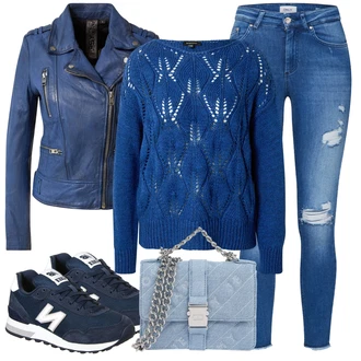 Outfit s Tmavě modrá/Modrá Hrubě pletený svetr/Svetr s Výstřihem/Kašmírový Svetr/Pletený Svetr/Pulovr s Pleteným Vzorem/Svetr Niki/Jednoduchý Svetr/Vintage svetr/Zimní Svetr/Vlněný Svetr More & More "Ležérní Outfits"