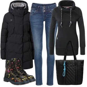 Outfit s Černá Nízká bota na podpatku/Šněrovací Bota/Zimní bota/Kozačka Šněrovací Kotníková Bota Dockers by Gerli "Skvělé pro podzim"