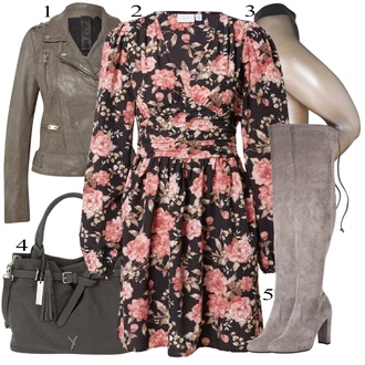 Vysoké Podpatky Outfit s Šedá/Hnědá/Béžová/Světle šedá Kozačka nad Kolena/Kožená Kozačka nad Koleno/Dlouhá Kozačka/Kozačka po Kolena/Špičatá Kozačka/Kozačka Na Podpatku/Kozačka se zipem About You "Podzimní Outfit"