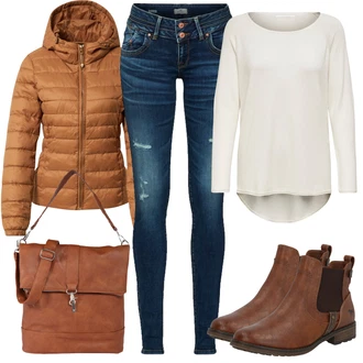 Outfit s Hnědá/Béžová Chelsea Boty/Kožená bunda/Plochá Kotníková Bota/Jezdecká Bota Mustang "Skvělé pro podzim"