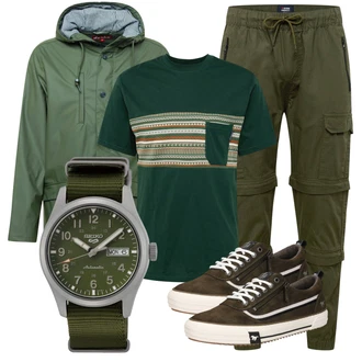Outfit mit Dunkelgrün/Grün 2in1 Jacke/Bundeswehr Parka/Funktionsjacke/Parka-übergangsjacke/Regenjacke/Ripstopjacke/Nachhaltige Jacke/Trekkingjacke/Wachsjacke Derbe "Perfekt für den Herbst"