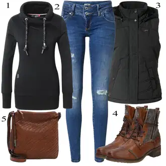 Outfit s Černá Mikina/Móda Pro Plnoštíhlou/Dlouhé Šaty/Dlouhý Zimní Kabát/Dlouhá tylová sukně/Teplák Ragwear "Podzimní Outfit"