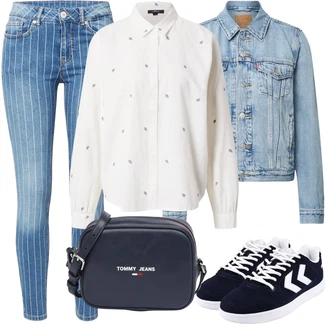 Outfit s Bílá/Krémová Halenka s Dlouhým Rukávem/Blůza s knoflíčkem/Dětská hračka/Vyšívaná blůza/Crash blůza/Halenka s Výšivkou Anglaise/Blůza s nášivkou na lokti Mavi "Ležérní Outfits"