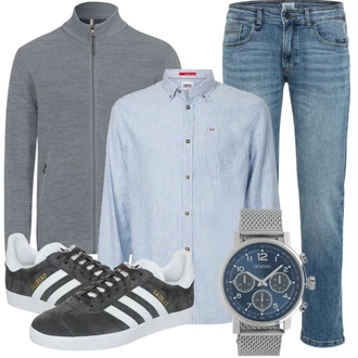 Outfit mit Grau/Hellgrau/Dunkelgrün/Schwarz/Dunkelgrau Vintage Sneaker/Schmaler Sneaker/Sneaker Low/Leder Sneaker Adidas Originals "Perfekt fürs Büro"