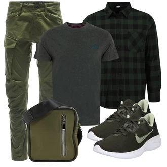 Outfit mit Dunkelgrün/Grün Kariertes Hemd/Flanellhemd Urban Classics "Praktischer Look"