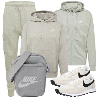 Esthetische Outfit mit Grau/Hellgrau/Khaki Sweatmode/Hoodie/Sport Hoodie/Vintage Hoodie/Unisex Hoodie/Ausgefallener Hoodie/Damen Pullover/Partner Hoodie/Sport Sweatshirt Nike Sportswear "Praktischer Look"Look: Rad, Esthetische, Rap, Skater, Unisex, Sportlich