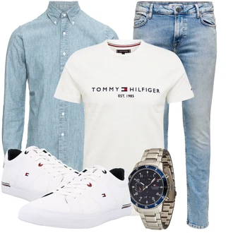Sommer Outfit mit Hellblau/Blau Slim Fit Jeans/Girlfriend Jeans/Low Rise Jean/Boyfriend Jean/Tapered-Jeans/Dad Jeans/Biker Jeans/Straight Leg Jean/Vintage Jeans/Low Waist Jean/Herren Lederjacke/Jeans mit Schlitz Only & Sons "Praktischer Look"