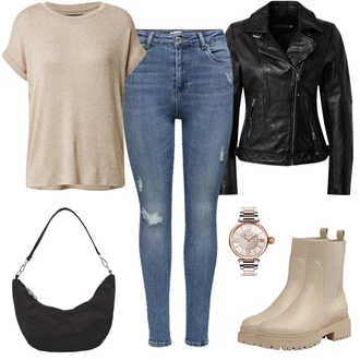 Ležérní outfity s Hnědá/Béžová/Khaki Chelsea Boty/Plochá Kotníková Bota/Kožená bunda/Gumová Kotníková Bota/Kotníková Bota s Podšívkou About You "Ležérní outfits"