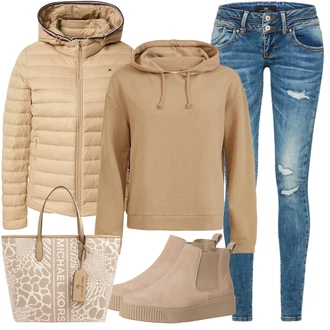 Outfit s Modrá/Tmavě modrá/Světle modrá Džíny s Dírou/Patchworkové Džíny/Kožená Pánská Bund LTB "Pěkný podzimní Outfit"