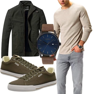 Motorrad Outfit mit Dunkelgrün/Khaki Uniformjacke/Leichte Jacke/Cargojacke/Funktionsjacke/Sommerjacke/Herbstjacke/Frühlingsjacke/Militärjacke/Jacke mit Seitlichem Reißverschluss WenVen "Schönes Freizeit Outfit"Look: Arbeits, Airsoft, Motorrad