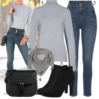 Šik Outfit s Modrá/Světle modrá/Tmavě modrá Džíny Kožená bunda/Push up Džín/Capri Džíny/Navlékací Džíny/Kožené Boty/Zkrácené Džíny/Slim Fit Džíny/Dámské Džíny s Délkou 7/8/Termální Džíny/Kotníková Bota Lascana "Perfekt na podzim"Look: Styl, Ležérní, Šik, Cool, Disko, Moderní, Krásný, Old Money