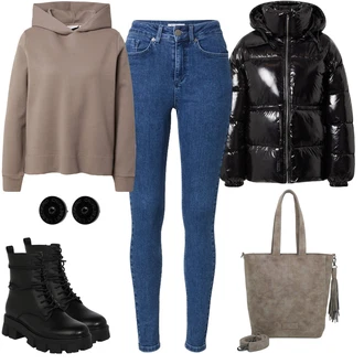 Dlouhé Zima Outfit s Tmavě modrá/Modrá/Světle modrá High Waist Džínové Kalhoty/Push up Džín/Zimní bunda/Termální Džíny/Kožené Boty Leger by Lena Gercke "Perfekt na podzim"