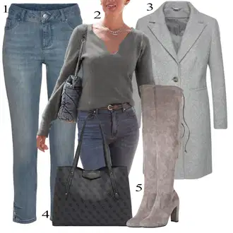 Outfit s Šedá/Světle šedá Frock Kabát/Kašmírový Kabát/Kabát Bouclé/Blazerový Kabát/Midi Kabát/Zimní Kabát Vlněný kabát/Lehký Kabát/Tweedový Kabát/Kabát s Úzkým Střihem/Vlněný Fleecový Kabát Lascana "Perfekt na podzim"