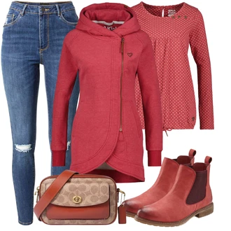 Italský Outfit s Červená/Tmavě červená/Hnědá Chelsea Boty/Gumová Kotníková Bota/Plochá Kotníková Bota/Kotníková Bota s Podšívkou/Kožená bunda Lascana "Podzimní Outfit"Look: Cool, Italský, Moderní, Krásný, Venkovní, Chytrý příležitostný, Španělské, Unisex