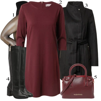 Vysoké Podpatky Outfit s Černá/Bílá/Šedá Kozačka Na Podpatku/Kozačka po Kolena/Kožená Kozačka nad Koleno/Dlouhá Kozačka/Špičatá Kozačka/Jezdecká Bota/Bota se širokým nohavici/Kozačka se zipem Tommy Hilfiger "Obchodní Outfit"