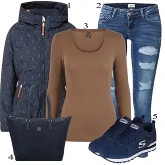 Outfit s Modrá/Tmavě modrá/Světle modrá Teniska teddy/Letní tenisky/Teniska se zapínáním na suchý zip/Úzká teniska/Nízká Teniska/Vintage teniska Skechers "Podzimní Outfit"