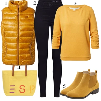 Outfit s Žlutá Chelsea Boty/Plochá Kotníková Bota/Kožená bunda/Kotníková Bota s Podšívkou/Letní kotníková kozačka Lascana "Podzimní Outfit"