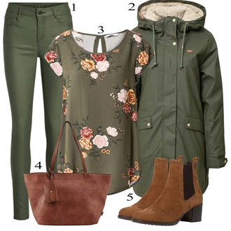 Outfit s Tmavě hnědá/Hnědá/Vínová Chelsea Boty/Kožená bunda/Letní kotníková kozačka/Kotníková Bota s Podšívkou/Vintage Kotníková Bota Tamaris "Podzimní Outfit"