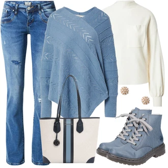 Outfit s Tyrkysový Pončo Cream "Skvělý podzimní Outfit"