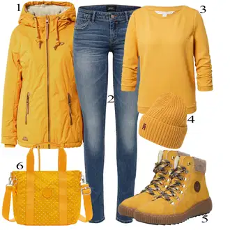 Outfit sa Žuta/Smeđa Čizma na Vezanje/Tenisica Zimske Tenisice/Cipela za Trekking/Zimska cipela Rieker "Jesenski Outfit"