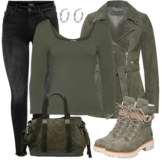 Outfit s Černá/Tmavě šedá/Šedá/Světle šedá/Khaki Kožená bunda/High Waist Džínové Kalhoty/Motorkářské Džíny/Termální Džíny/Push up Džín/Kožené Boty/Zimní bunda/Džíny s Rozparkem Only "Perfekt na podzim"