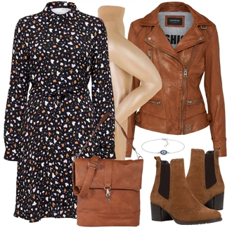 Outfit s Tmavě hnědá/Hnědá/Vínová Chelsea Boty/Kožená bunda/Letní kotníková kozačka/Kotníková Bota s Podšívkou/Vintage Kotníková Bota Tamaris "Perfekt na podzim"