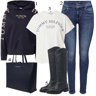 Koža Outfit sa Tamnoplava/Plava/Crna Čizmica Čizma za Jahanje/Široke čizme/Čizma do Koljena/Duga Čizma Tommy Hilfiger "Tvoj otmjeni outfit"