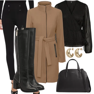 Vysoké Podpatky Outfit s Černá/Bílá/Šedá Kozačka Na Podpatku/Kozačka po Kolena/Kožená Kozačka nad Koleno/Dlouhá Kozačka/Špičatá Kozačka/Jezdecká Bota/Bota se širokým nohavici/Kozačka se zipem Tommy Hilfiger "Elegantní Podzimní Outfit"