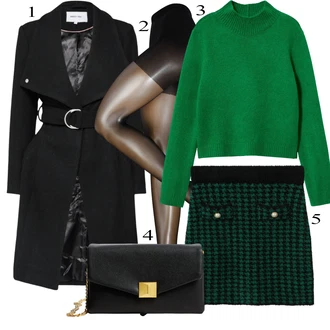 Outfit s Zelená/Tmavě zelená Pletená sukně/Houndstooth Sukně/Tvídová Sukně/Sukně boucle Mango "Podzimní Outfit"